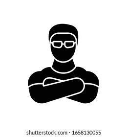 Nightclub Security Guard Black Glyph Icon. Night Club Face Control Silhouette Symbol On White Space. Bouncer With Crossed Arms, Strong Bodyguard In Sunglasses Vector Isolated Illustration