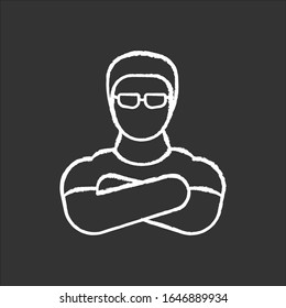 Nightclub Security Guard Chalk White Icon On Black Background. Night Club Face Control. Bouncer With Crossed Arms, Strong Bodyguard In Sunglasses Isolated Vector Chalkboard Illustration