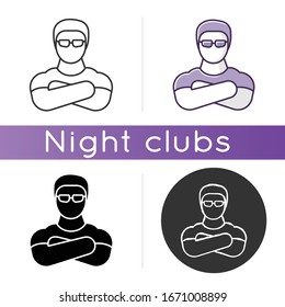 Nightclub Security Guard Icon. Linear Black And RGB Color Styles. Entertainment Venue, Night Club Face Control. Professional Bouncer With Crossed Arms, Strong Bodyguard Isolated Vector Illustrations