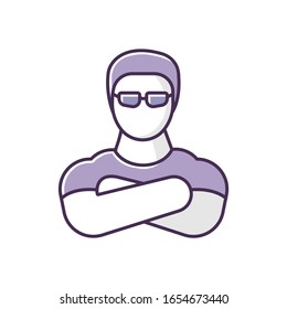 Nightclub Security Guard RGB Color Icon. Entertainment Venue, Night Club Face Control. Professional Bouncer With Crossed Arms, Strong Bodyguard In Sunglasses Isolated Vector Illustration