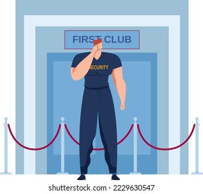 Nightclub security, party entrance control, night club nightlife, security person, design, cartoon style vector illustration.