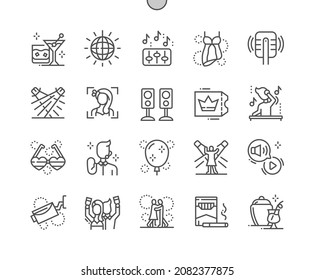 Nightclub. Spotlights And Dancing. Video Surveillance. Party And Celebration. People In Club. Pixel Perfect Vector Thin Line Icons. Simple Minimal Pictogram