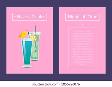 Nightclub time have a drink mojito and mint cocktail summer party promo poster, drinks made of vodka and liqueur with umbrella and orange vector on pink