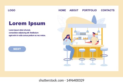 Nightclub Visitor Girl and Barkeeper Welcoming Client with Cocktail Drink. Pretty Young Woman Cartoon Character Drinking and Relaxing in Night Alcohol Bar or Pub. Trendy Flat Vector Illustration.