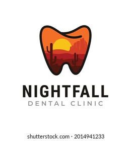 nightfall dental clinic logo,   teeth with rock canyon scene vector