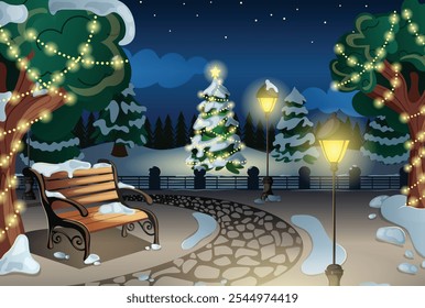 Nightime Outdoor Park Scene with Bench, Night Lamps, Snow-covered Trees Decorated with Fairylights. Cartoon Winter Lanpscape with Christmas Tree 