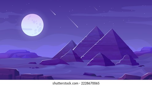 Pirámides nocturnas. Pirámide egipcia en el desierto de arena en estrellas del cielo nocturno, paisaje de la meseta del antiguo egipto de giza paisaje de arabia travesía sahara, ingeniosa ilustración del vector de fondo del desierto de pirámide