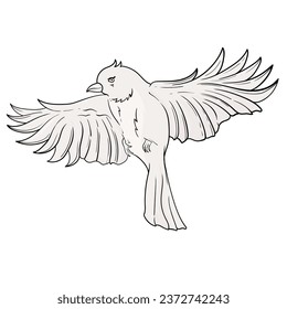 Nightingale bird perched on a tree branch in a tropical jungle, black and white outline vector cartoon illustration for a coloring book page.