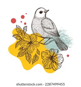 NIGHTINGALE ON HIBISCUS Flower Collage Sketched Bird Poster Design Botanical Illustration Geometric Shapes Abstract Elements For Print Wall Art Packaging Print