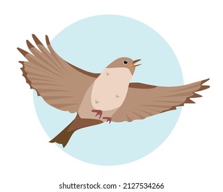 Nightingale Or Starling Bird Flying In Sky On White Background. Flat Or Cartoon Song Nightingale Icon Vector Illustration For Nature Ornitology Design.