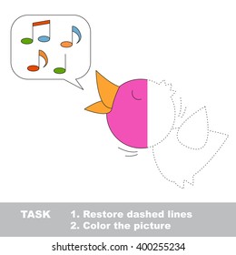 Nightingale in vector colorful to be traced. Restore dashed line and color the picture. Visual game for children. Worksheet to be colored.