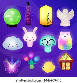 Night-lamp vector kids nightly light-lamp in bedroom illustration set of childish lighting night lamp design nighttime lightish decor cat house light isolated on background