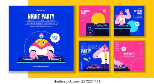 Nightlife Club DJ Party Social Media Post with Flat Cartoon Hand Drawn Templates Background