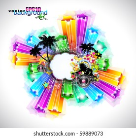 NightLife Disco Event Background with Rainbow Stars and Music Elements