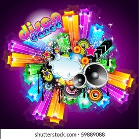NightLife Disco Event Background with Rainbow Stars and Music Elements