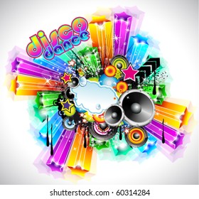 NightLife Disco Event Background with Rainbow Stars and Music Elements