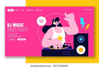 Nightlife DJ Party Social Media Landing Page Illustration with Flat Cartoon Hand-Drawn Style