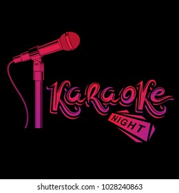 Nightlife entertainment concept, karaoke night vector inscription composed with stage microphone illustration. Leisure and relaxation lifestyle presentation.