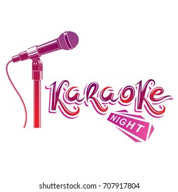 Nightlife entertainment concept, karaoke night vector inscription composed with stage microphone illustration. Leisure and relaxation lifestyle presentation.