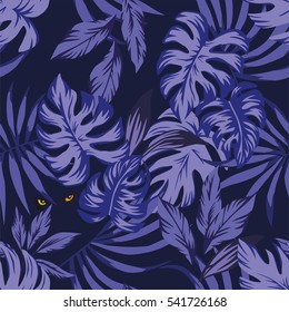 Nightlife. Jungle tropical leaves seamless pattern with panther eyes in the night sky