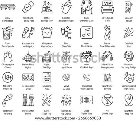 Nightlife and Party Icons Set, Vector Illustration.
