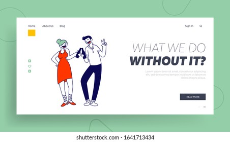 Nightlife Relaxation, Friends Meeting Website Landing Page. Young Woman and Man Clinking Bottles with Alcohol Drink Having Fun at Party in Night Club Web Page Banner. Cartoon Flat Vector Illustration