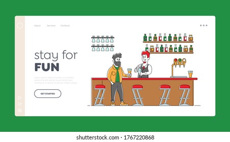 Nightlife Sparetime Leisure Landing Page Template. Young Man Sitting in Pub Ordering Alcohol Drink. Barista Holding Glass Beer Bottle. Male Character in Night Bar. Linear People Vector Illustration