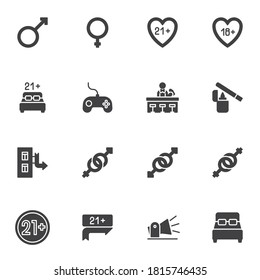Nightlife vector icons set, modern solid symbol collection, filled style pictogram pack. Signs, logo illustration. Set includes icons as gender sex, man and woman, pub barman, bar counter, hotel