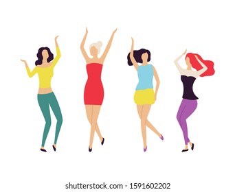 Nightlife of women dancing together vector, partying people crowd of females wearing best clothing, hairstyles of dancers. Clubbing ladies partying