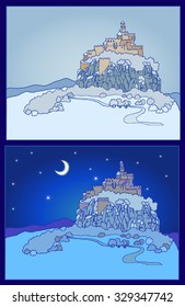 Nightly background with castle silhouette. Mountain landscape with fortress on a cliff. Sketch, hand drawn 