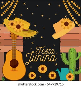 nightly background poster of festa junina with of cactus guitar and hat and sunflowers vector illustration