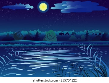 Nightly landscape with full moon