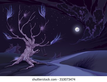 Nightly landscape with tree. Vector illustration