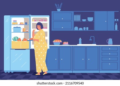 Nightly overeating and gluttony background with fat woman eating near open refrigerator flat vector illustration