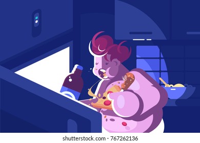 Nightly overeating and gluttony. Girl eating near open refrigerator. Vector illustration