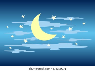 Nightly sky. Moon, clouds and star. Vector illustration