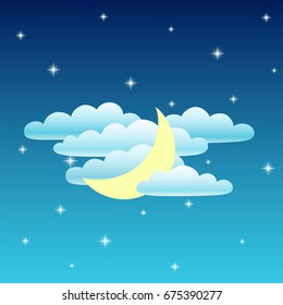 Nightly sky. Moon, clouds and star. Vector illustration