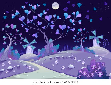 Nightly springy landscape with windmills. Funny cartoon and vector illustration.