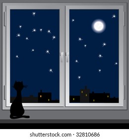 Nightly window and cat. Vector.