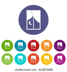 Nightly window icons set in circle isolated flat vector illustration