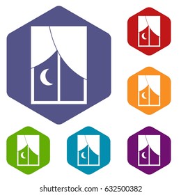 Nightly window icons set hexagon isolated vector illustration