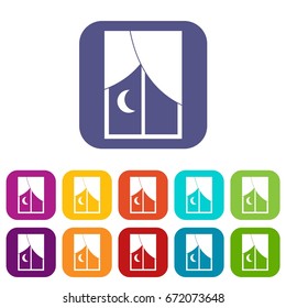Nightly window icons set vector illustration in flat style In colors red, blue, green and other