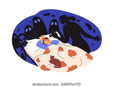 Nightmare, bad night horror dream concept. Scary monsters, creepy shadows around afraid frightened anxious woman in fear, sleeping in bed. Flat vector illustration isolated on white background