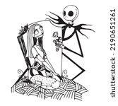 Nightmare Before Christmas. Jack And Sally. Black Silhouette on White Background. Vector Illustration