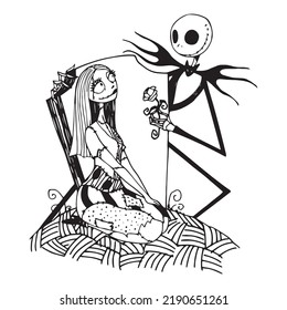 Nightmare Before Christmas  Jack And Sally  Black Silhouette White Background  Vector Illustration