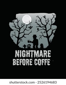 Pesadelo Antes Do Café, Ilustração, Gráfico, Camiseta De Halloween Para Mulheres, Camisas De Halloween Para Crianças, Design De Camiseta, Clipart, Logotipo, Adesivo, Sublimação