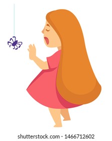 Nightmare childish phobia or fear girl and spider sleeping vector isolated female character and insect hanging on net scary dream night time childhood, kid screaming bedtime child sleepwalking