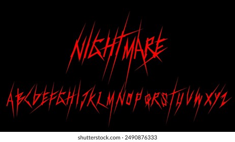 Nightmare Dark Lettering vector font type and grunge style Gothic bloody, spiky print designs Y2k Ghotic tattoo font concept for apparel print design