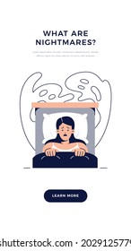 Nightmare disorder banner. Scared woman is lying in bed and being afraid of ghost, waking up from a nightmare. Sleeping disorder, insomnia, bad dream, night terror concept. Flat vector illustration