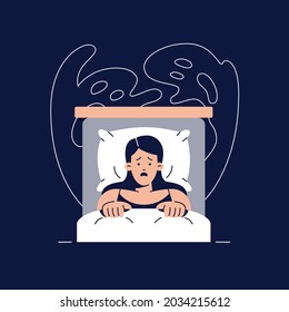 Nightmare disorder concept. Scared woman is waking up from a nightmare, lying in bed and being afraid of ghost. Sleeping disorder, night terror, insomnia for web design. Flat vector illustration